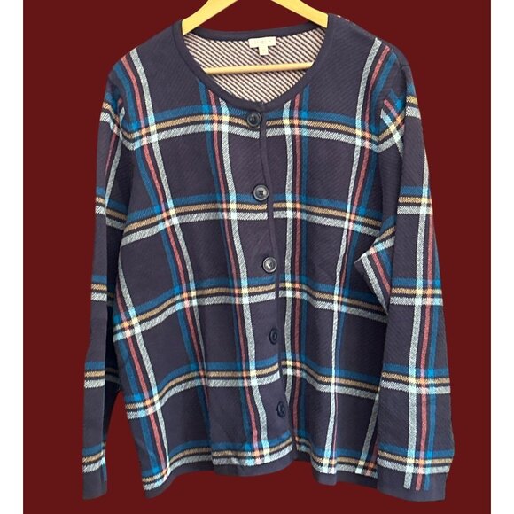 NWOT Talbots 3X  Plaid Button Cardigan Navy Red Blue Checked Preppy Sweater - Picture 1 of 5